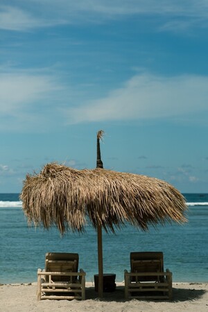Sunbeds at a beachfront restaurant near Mawun Beach, South Lombok