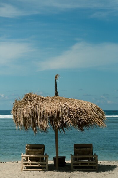 Sunbeds at a beachfront restaurant near Mawun Beach, South Lombok